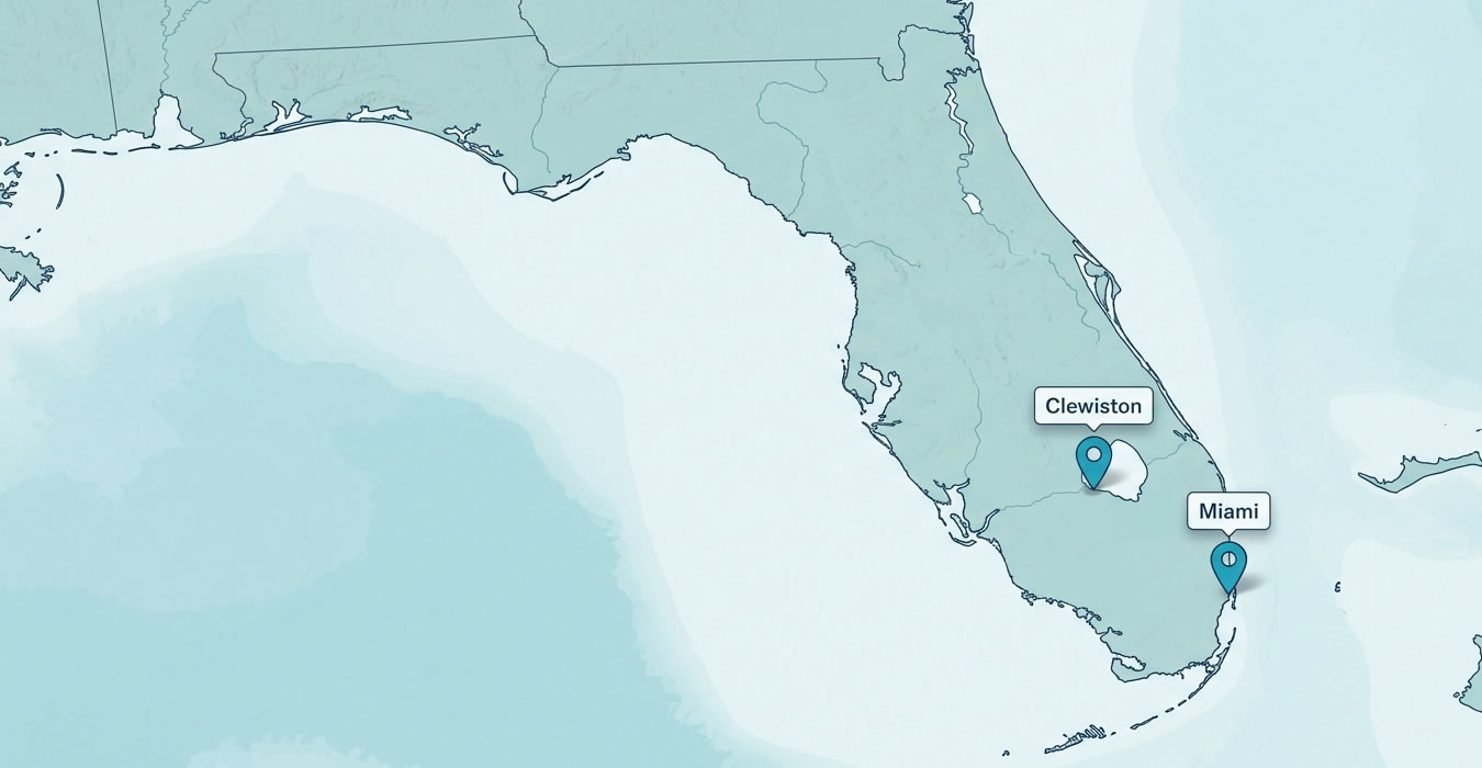 Map of Florida showing Spring Tilapia farm locations in Miami and Clewiston